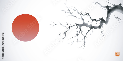 Tree with bare branches and big red sun, symbol of Japan. Traditional oriental ink painting sumi-e, u-sin, go-hua. Translation of hieroglyph - zen