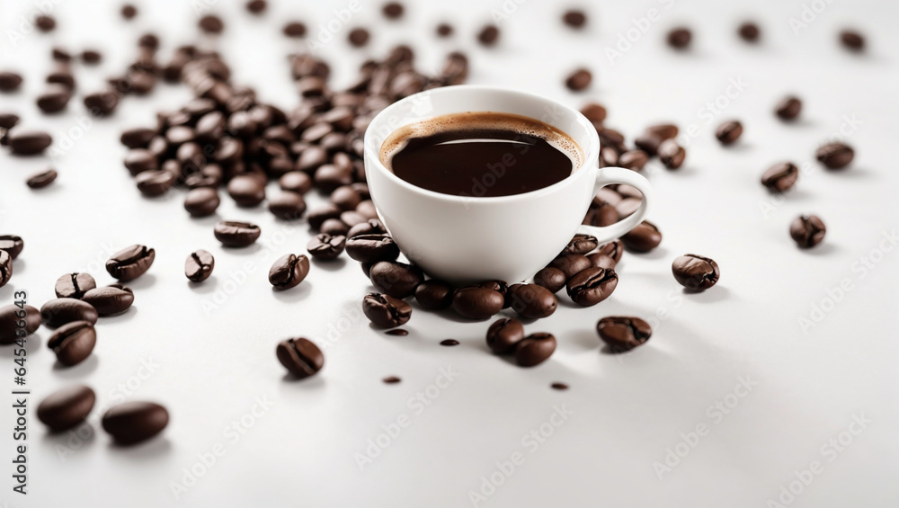 hot espresso and coffee bean on white table with soft-focus and over light in the background. top view hot espresso and coffee bean on white table with soft-focus and over light in the background. top view