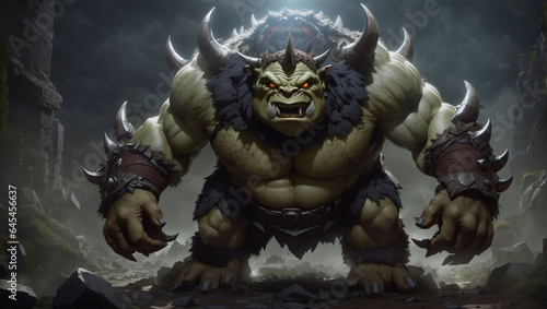 A fierce and savage green ogre, with menacing eyes and sharp fangs, exudes terror and danger in the scene.