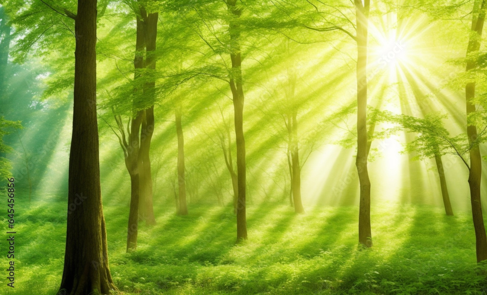 Fototapeta premium Beautiful rays of sunlight in a green forest