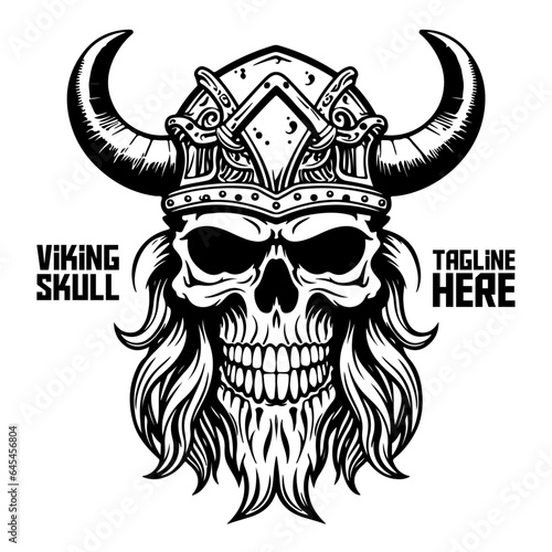Monochromatic Viking Skull: Warrior or barbarian gladiator man mascot's face appears strong under a helmet. In a retro vintage aesthetic - isolated on white background