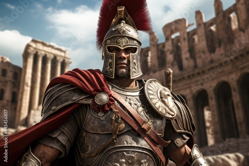 Majestic Gladiator: A Legendary Roman Gladiator in Glimmering Armor, Ready for Battle in the Colosseum.