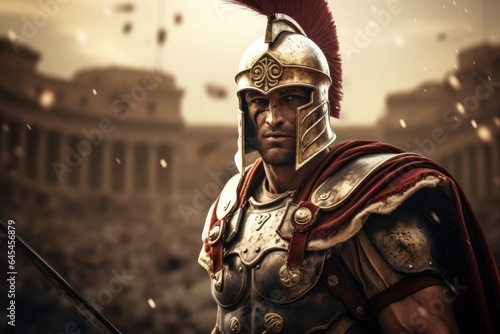 Majestic Gladiator: A Legendary Roman Gladiator in Glimmering Armor, Ready for Battle in the Colosseum.