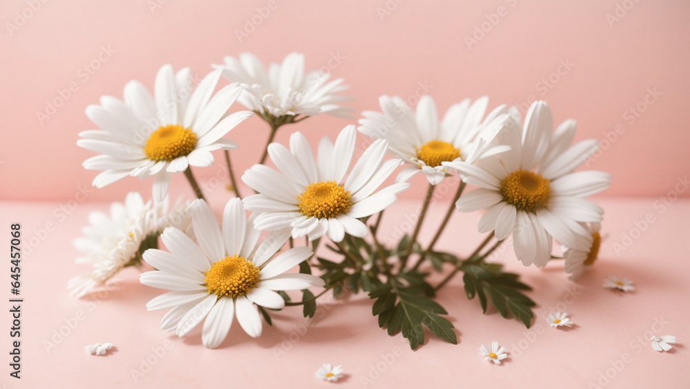 Minimal styled concept. White daisy chamomile flowers on pale pink background. Creative lifestyle, summer, spring concept. Copy space, flat lay, top view. Minimal styled concept. White daisy chamomile flowers on pale pink background. Creative lifestyle, summer, spring concept. Copy space, flat lay, top view.