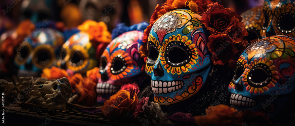 Skull art painted with Mexican designs with colorful flowers celebrating the Day of the Dead.