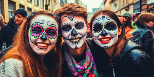 Group of friends with Mexican skulls makeup on their faces dressed for Day of the Dead in Mexico.