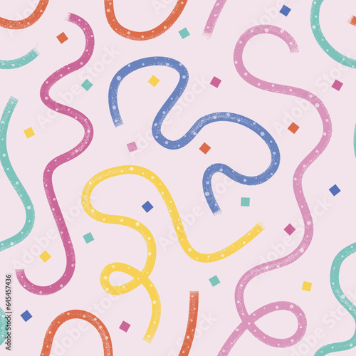 Childish confetti, brush lines vector seamless background. Cute pastel color background