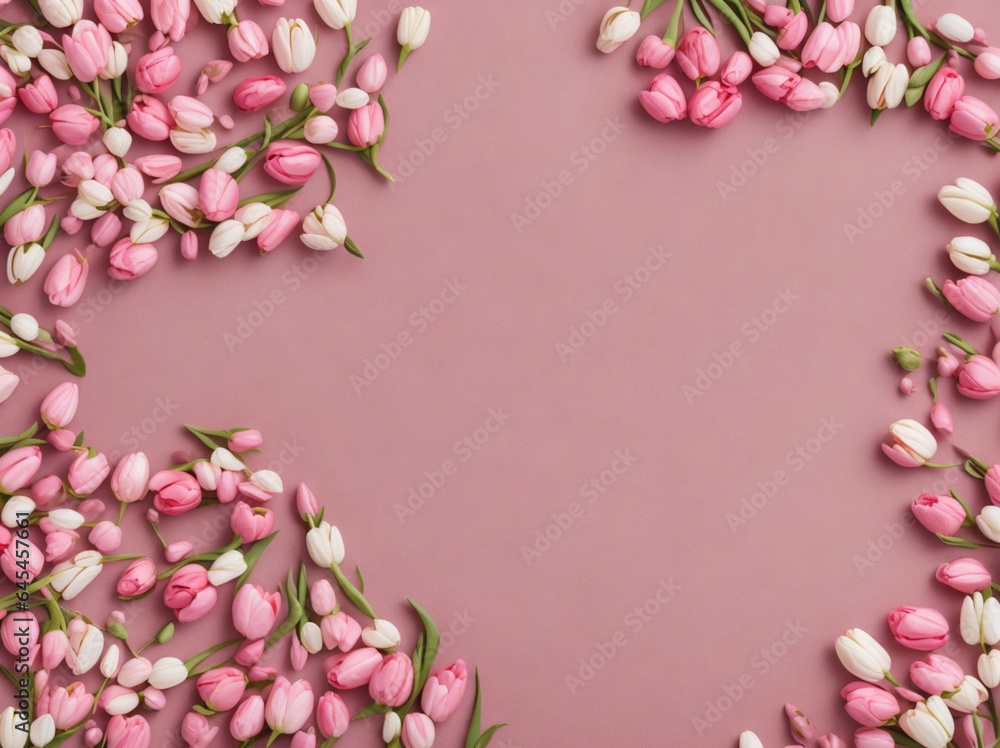 Bouquet of pink tulips flowers on pastel pink background. Beautiful spring flowers. Valentine's Day, Easter, Birthday, Happy Women's Day, Mother's Day. Flat lay, copy space