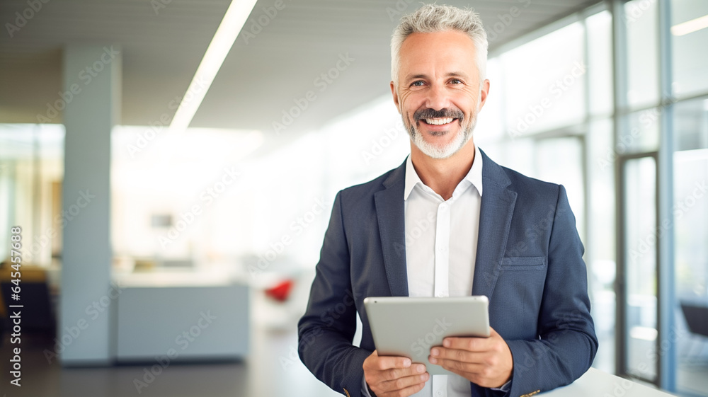 Smiling handsome confident senior businessman entrepreneur using tablet standing in office at work.
Smiling handsome confident senior businessman entrepreneur using tablet standing in office at work.