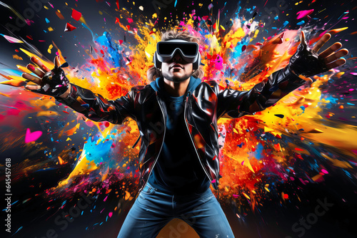Young man wearing virtual reality glasses and dancing in colorful splashes of paint. Augmented reality.