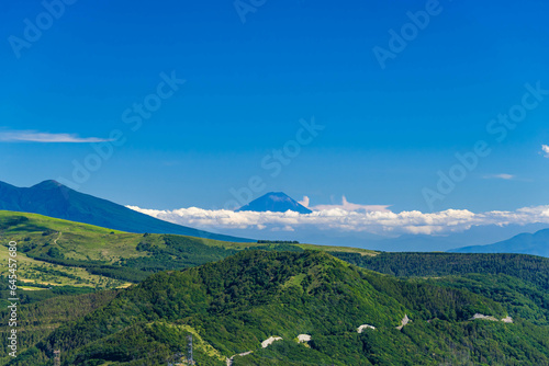 三峰山から見える霧ヶ峰越しの富士山