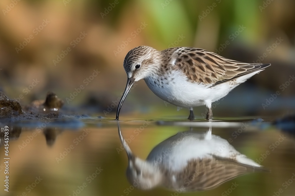A bird perched on a tranquil water surface A bird perched on a tranquil water surface