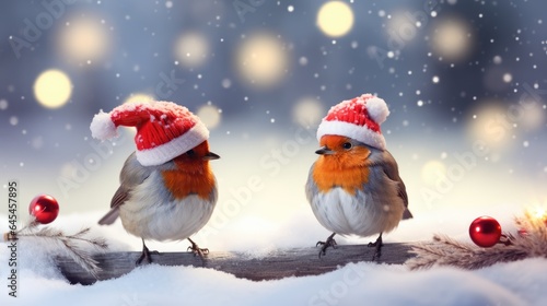 funny Christmas birds wearing adorable little red hats, coming together in the midst of a snowfall.