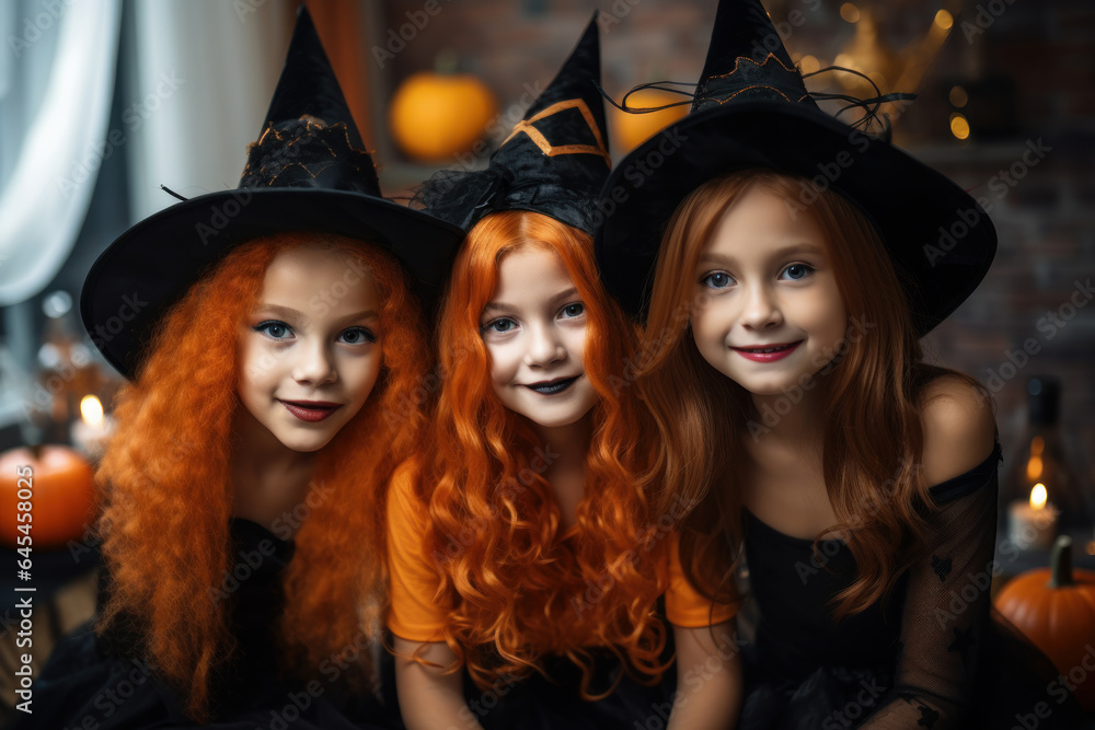 Three little cute girl with red hair in witch costume. Halloween, holiday concept Three little cute girl with red hair in witch costume. Halloween, holiday concept