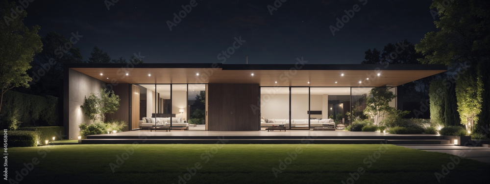 Obraz premium Modern house with garden at night