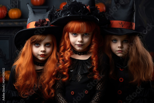 Three little cute girl with red hair in witch costume. Halloween, holiday concept