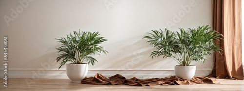 Plant against a white wall mockup. White wall mockup with brown curtain, plant and wood floor. 3D illustration.