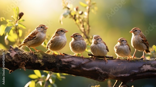 Photo from small and amusing sparrows perched together on a branch.
