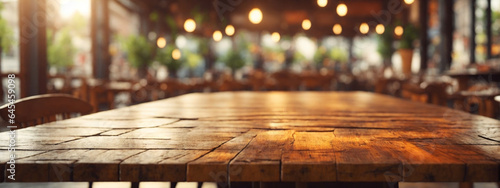 Vintage Coffee Shop Ambiance: Empty Old Wood Tabletop with Blurred Bokeh Cafe Interior Background, Perfect for Displaying and Montaging Your Products. © @uniturehd