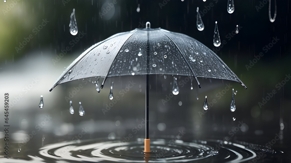 Rainy season: Raindrops splash on umbrella, providing protection from wet downpour.
