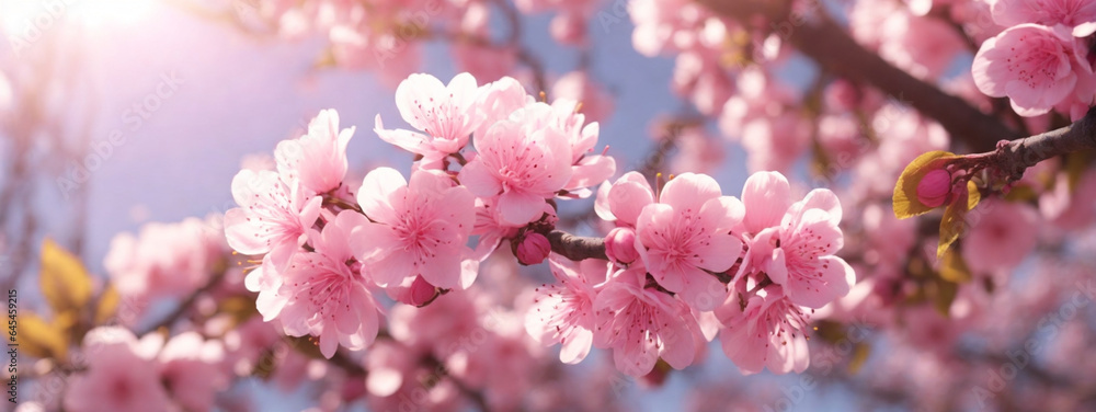 Spring border or background art with pink blossom. Beautiful nature scene with blooming tree and sun flare Spring border or background art with pink blossom. Beautiful nature scene with blooming tree and sun flare