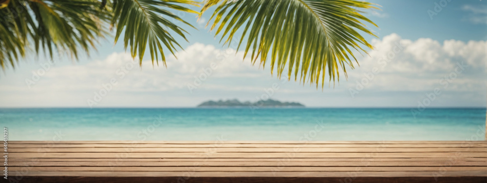 Wood Table with Seaside View, Palm Leaves, and Calm Sea Blur Bokeh - A Perfect Background for Your Product Display or Summer Vacation Concept.