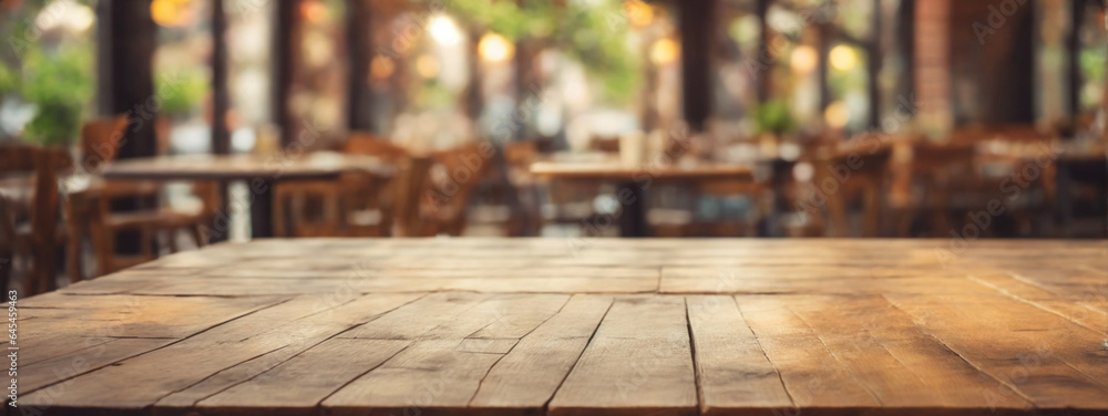 Vintage Coffee Shop Ambiance: Empty Old Wood Tabletop with Blurred Bokeh Cafe Interior Background, Perfect for Displaying and Montaging Your Products.