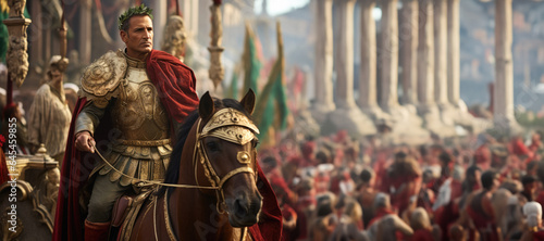 Caesar's Triumphal Return: A Grand Depiction of Julius Caesar's Triumphant Homecoming to Rome, Framed by the Fabulous Architecture of the City. Copy Space.