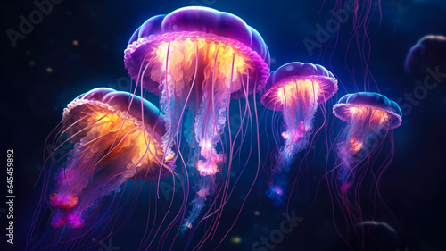 AI Generated 8K Photograph of Ethereal Jellyfish Floating in the Water, Their Translucent Bodies Illuminated by Gentle Underwater Lighting, Creating a Dreamlike Atmosphere.