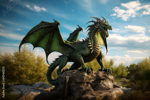 Large green dragon with raised wings stands on rock in the forest against the background of sky  mascot of the year according to Chinese lunar calendar