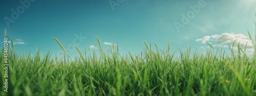 Green grass on blue clear sky  spring nature theme. Panorama