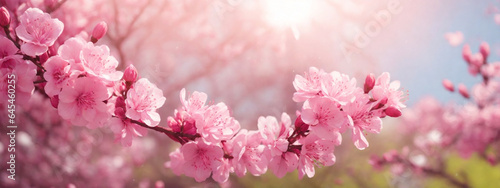 Spring border or background art with pink blossom. Beautiful nature scene with blooming tree and sun flare