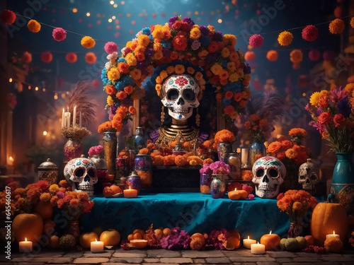 Sugar Skull with flowers and candles for festival