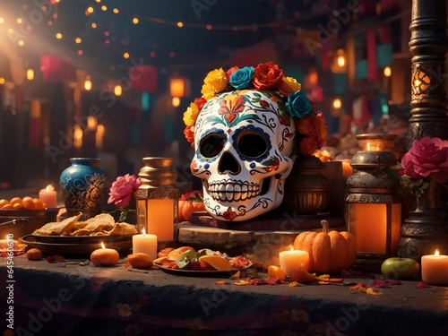 Sugar Skull with flowers and candles on table