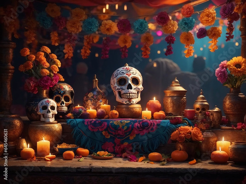 Sugar Skull with flowers and candles on Decorated table