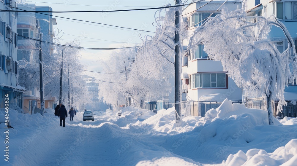 snow-covered city street during a heavy snowfall snow-covered city street during a heavy snowfall