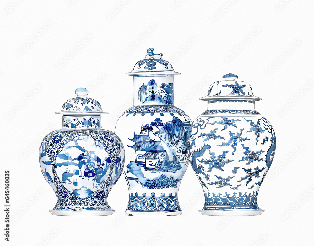 Blue and white chinoiserie. Blue and white chinese porcelain Ginger Jars on white background. Blue and white chinoiserie. Blue and white chinese porcelain Ginger Jars on white background.