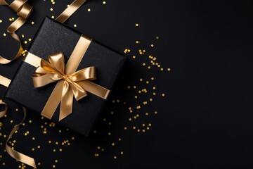 Gift box and golden ribbon on black background with glitter. Black friday sale concept. Banner