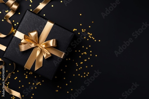Gift box and golden ribbon on black background with glitter. Black friday sale concept. Banner photo