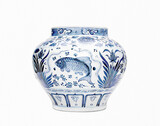 Blue and white chinoiserie. Blue and white chinese porcelain vase on white background.
