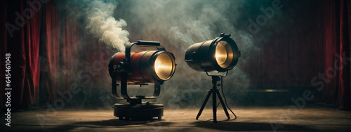 theater spot light with smoke against grunge wall