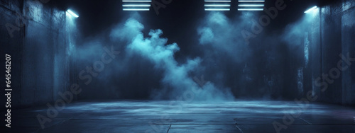 Abstract Dark Blue Background with Neon Lights and Smoke, Creating a Studio-Style Atmosphere for Product Displays on a Concrete Floor. © @uniturehd