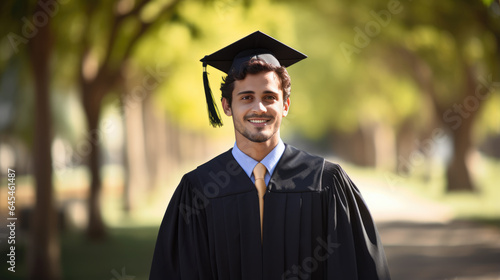 Happy smiling graduating student guy in an academic gown standing in front of college