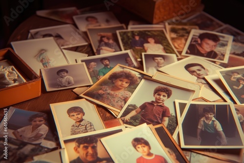 Nostalgic Flashback: A Collection of 80s and 90s Childhood Portraits Spread Out on a Table.