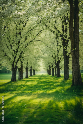 Wiosna Natura. Piękny krajobraz. Zielona trawa i drzewa