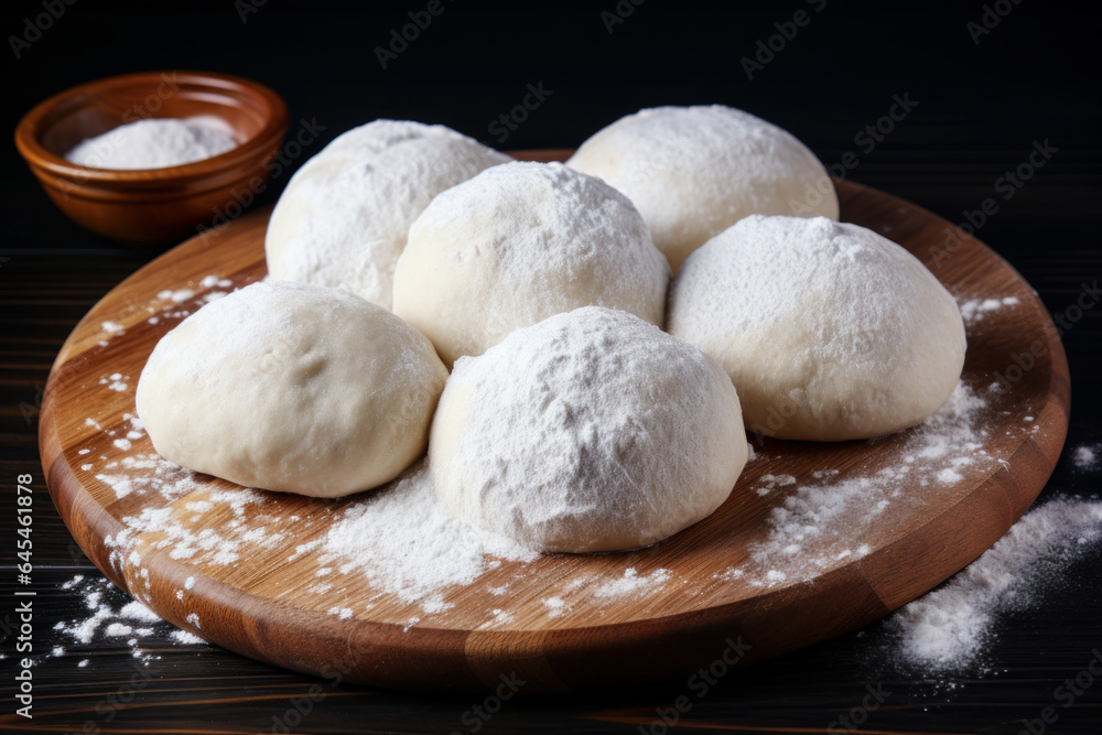 Raw dough balls and flour on wooden kitchen table Raw dough balls and flour on wooden kitchen table