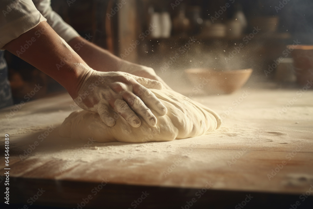 Male hands kneading dough on wooden kitchen table
