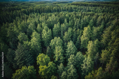 Aerial top view of summer green trees in forest in rural Finland. #645462069