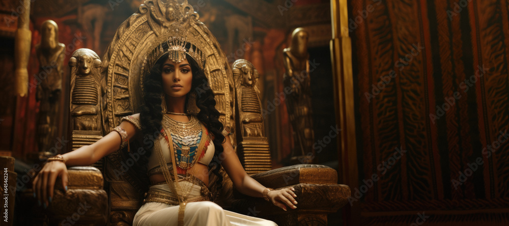 Regal Splendor: An Artistic Depiction of Cleopatra Gracefully Seated on Her Magnificent Throne, A Symbol of Ancient Majesty
