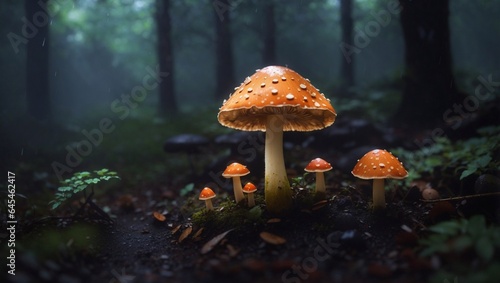 mushroom in the dark rainy forest
